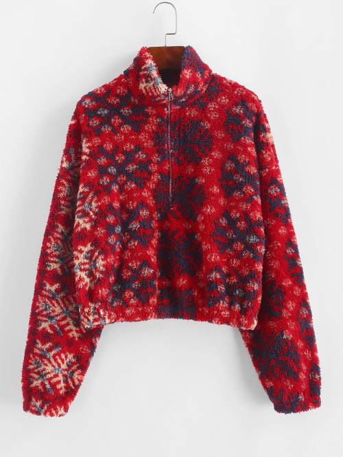 Women Hoodies ZAFUL Snowflake Pattern Half Zip Fluffy Sweatshirt S Red