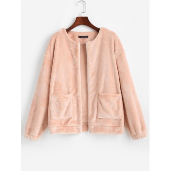 Fluffy Front Pocket Zip Up Jacket S Light pink