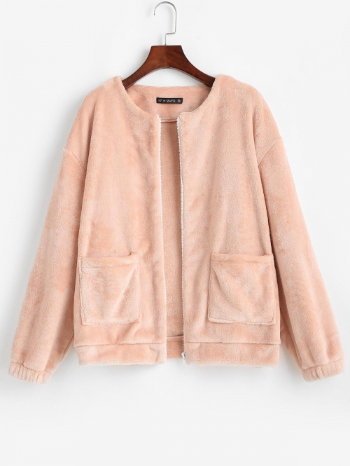 Fluffy Front Pocket Zip Up Jacket S Light pink