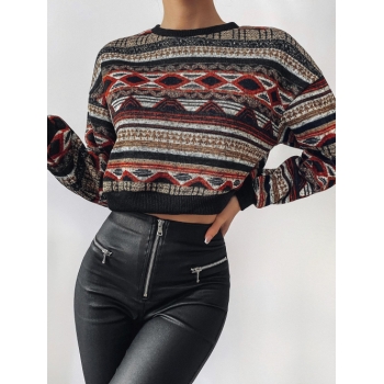 Women ZAFUL Drop Shoulder Crew Neck Tribal Ethnic Aztec Printed Graphic Sweater Xl