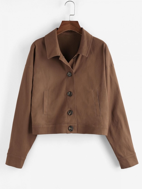 ZAFUL Drop Shoulder Button Up Plain Jacket S Deep coffee