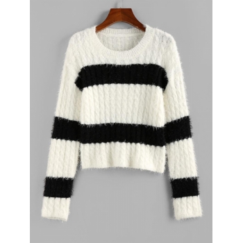 Women ZAFUL Two Tone Bicolor Cable Knit Fuzzy Sweater S White