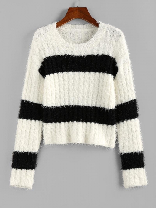 Women ZAFUL Two Tone Bicolor Cable Knit Fuzzy Sweater S White