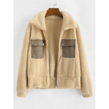 Faux Fur Flap Pocket Fluffy Zip Jacket M Light yellow