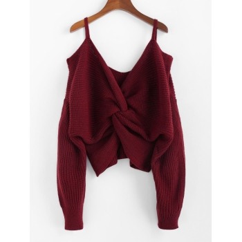 Women ZAFUL Twisted Cold Shoulder Jumper Sweater M Red wine