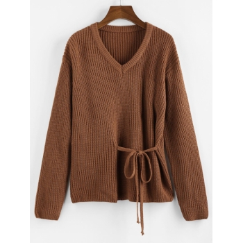 Women ZAFUL V Neck Ties Loose Sweater L Coffee