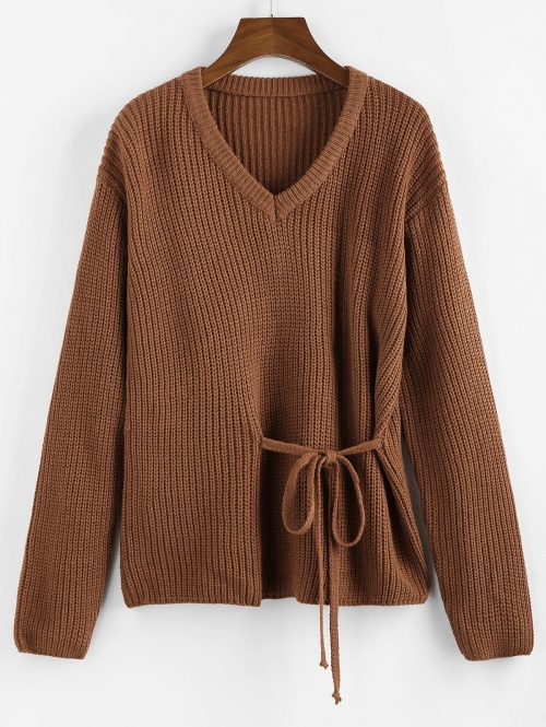 Women ZAFUL V Neck Ties Loose Sweater L Coffee