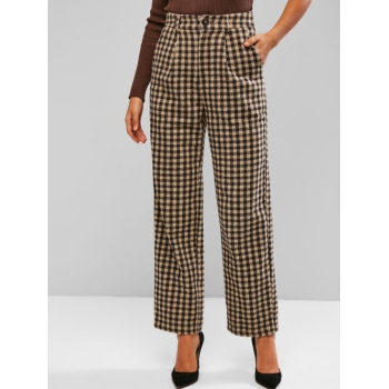 ZAFUL High Waisted Plaid Wide Leg Pants L Tan