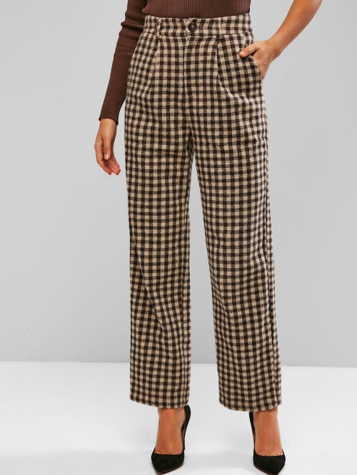 ZAFUL High Waisted Plaid Wide Leg Pants L Tan