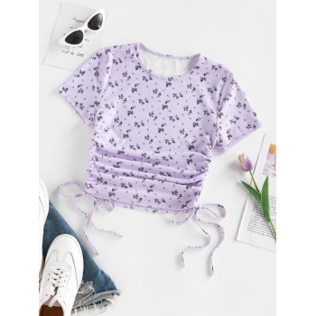 Fashion Women Tees ZAFUL Floral Ribbed Cinched Tie Baby Tee M Light purple