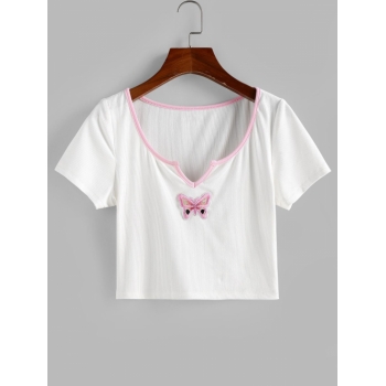 Fashion Women Tees ZAFUL Ribbed Butterfly Embroidered V Notched T Shirt S White