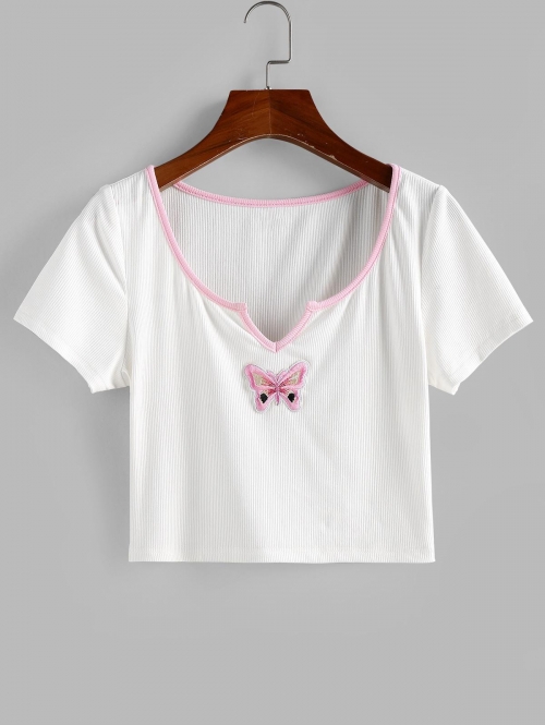 Fashion Women Tees ZAFUL Ribbed Butterfly Embroidered V Notched T Shirt S White