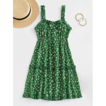 Print ZAFUL Ditsy Print Frilled Back Knot Tiered Sundress L Green