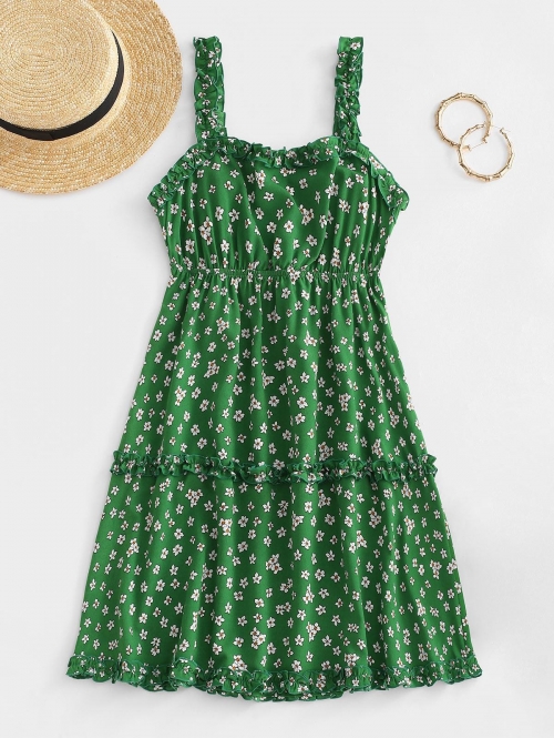 Print ZAFUL Ditsy Print Frilled Back Knot Tiered Sundress L Green