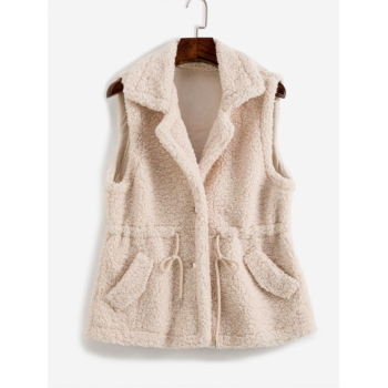 Drawstring Waist Pocket Teddy Vest Coat Light coffee