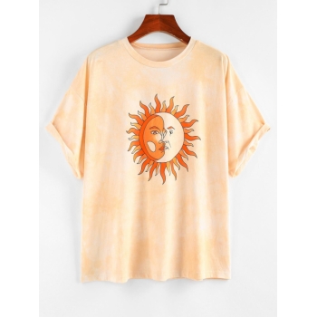 Fashion Women Tees ZAFUL Tie Dye Sun Moon Print Drop Shoulder T Shirt S Light orange