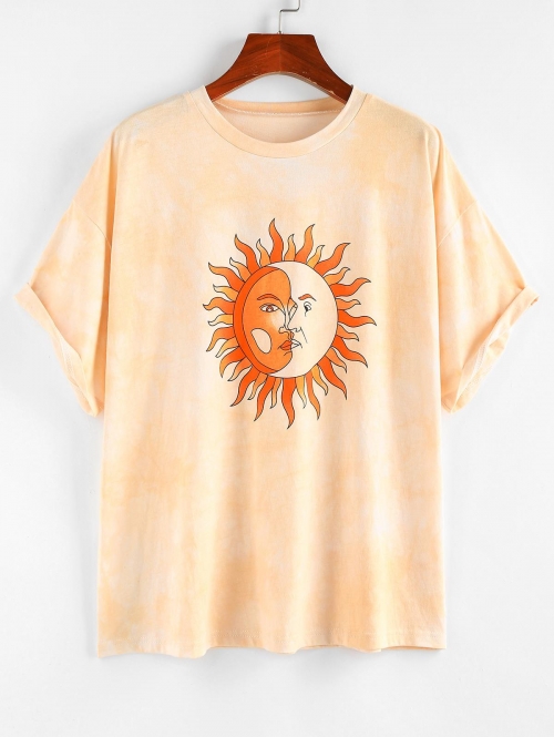 Fashion Women Tees ZAFUL Tie Dye Sun Moon Print Drop Shoulder T Shirt S Light orange