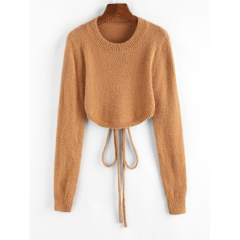 Women ZAFUL Open Back Tie Fuzzy Crop Sweater S Coffee