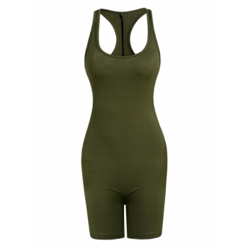 Women Jumpsuit Ribbed Racerback Unitard Romper S Green