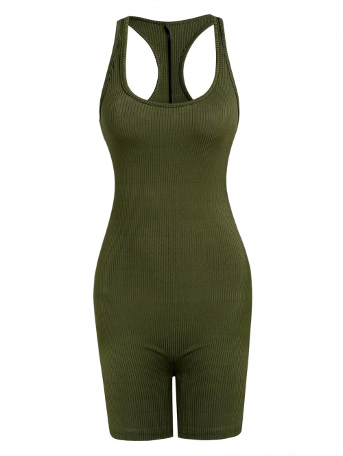 Women Jumpsuit Ribbed Racerback Unitard Romper S Green