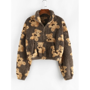 Women Hoodies ZAFUL Cartoon Bear Half Zipper Fluffy Sweatshirt L Deep coffee