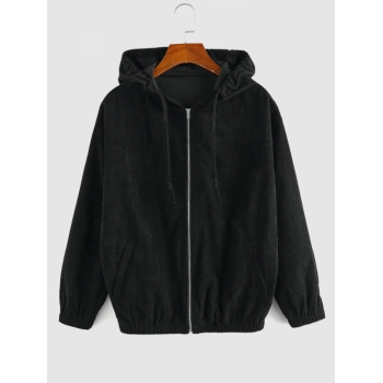 ZAFUL Drawstring Full Zip Hooded Corduroy Jacket L Black