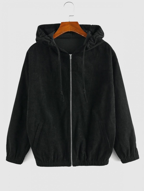 ZAFUL Drawstring Full Zip Hooded Corduroy Jacket L Black