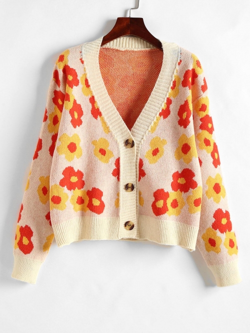 V Neck Floral Button Up Cardigan