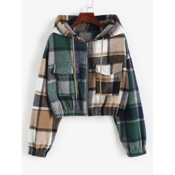 Hooded Plaid Cropped Jacket L