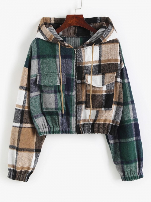 Hooded Plaid Cropped Jacket L