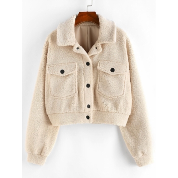 ZAFUL Faux Shearling Pocket Fluffy Teddy Coat M Light coffee