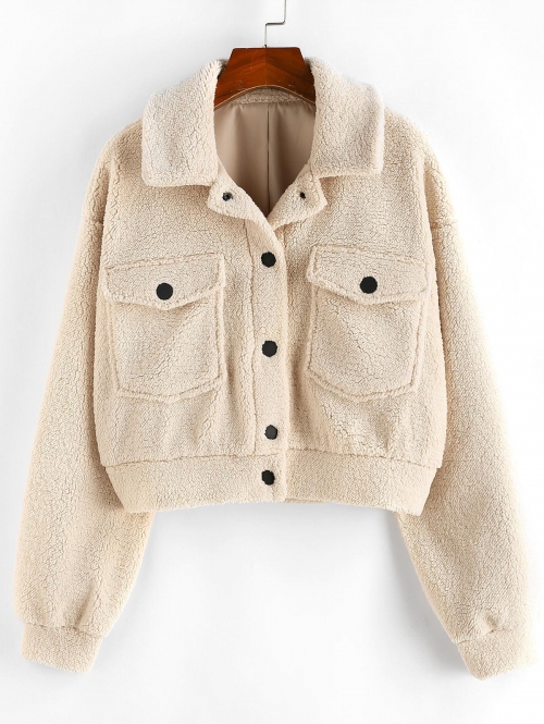 ZAFUL Faux Shearling Pocket Fluffy Teddy Coat M Light coffee