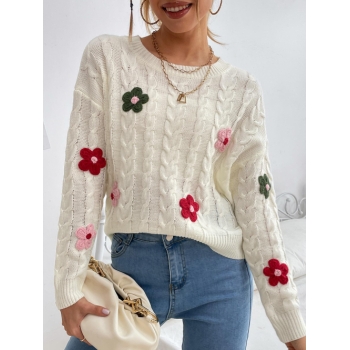 Women Crew Neck Floral Applique Cable Knit Sweater L White