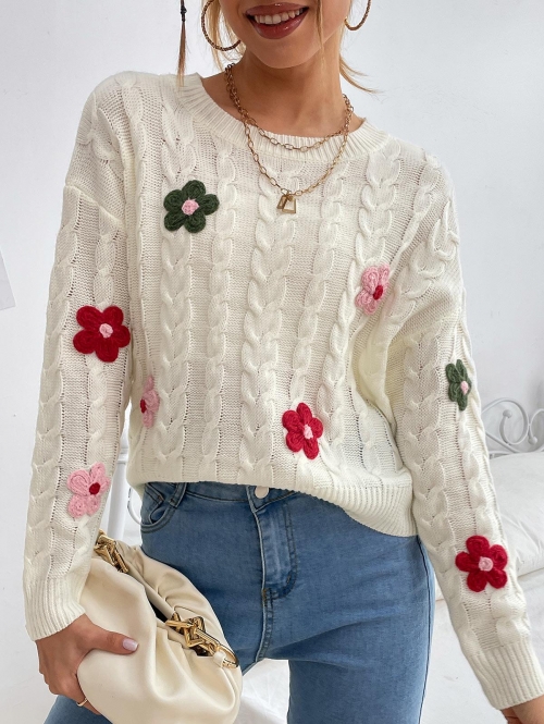 Women Crew Neck Floral Applique Cable Knit Sweater L White