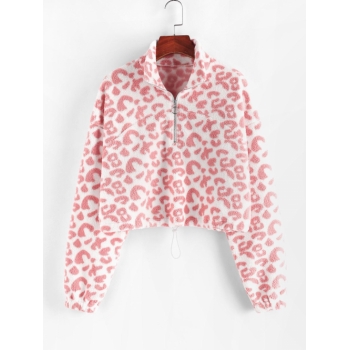 Women Hoodies ZAFUL Leopard Faux Fur Drop Shoulder Half Zip Sweatshirt M Light pink