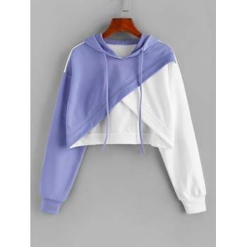 Women Hoodies ZAFUL Colorblock Crossover Cropped Hoodie L Light blue