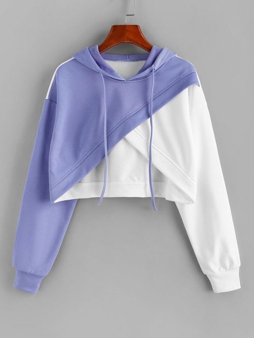 Women Hoodies ZAFUL Colorblock Crossover Cropped Hoodie L Light blue