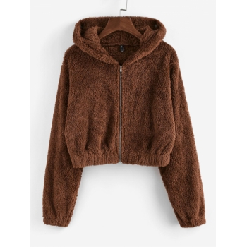 ZAFUL Fluffy Hooded Ear Zip Teddy Jacket M Deep coffee