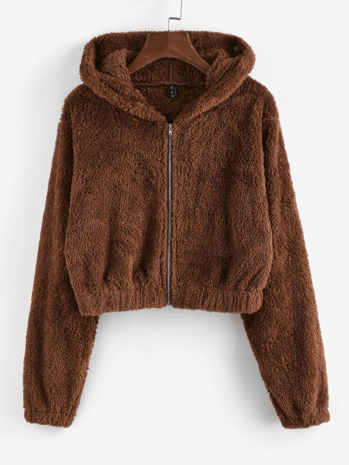 ZAFUL Fluffy Hooded Ear Zip Teddy Jacket M Deep coffee