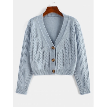 Cable Knit Openwork Button Up Cardigan L Light blue