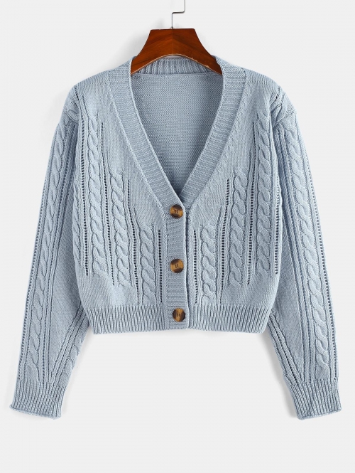 Cable Knit Openwork Button Up Cardigan L Light blue