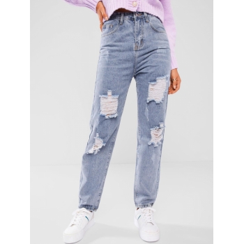 Ripped High Rise Straight Leg Jeans L Light blue