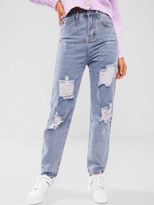 Ripped High Rise Straight Leg Jeans L Light blue