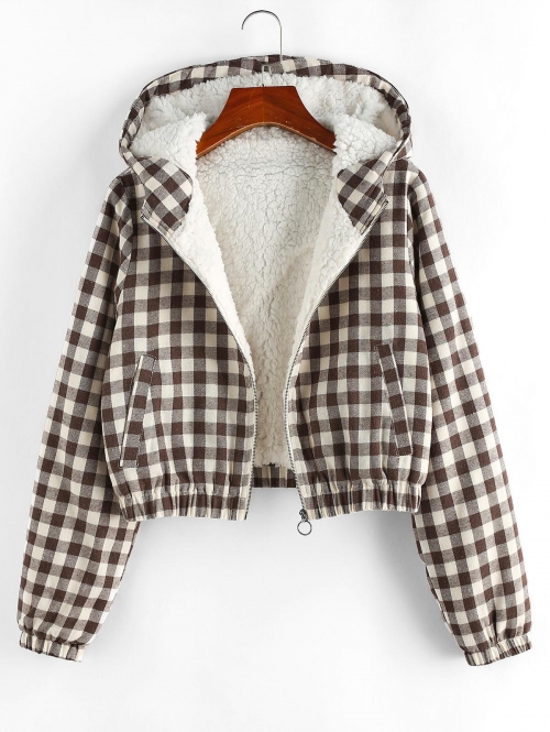 ZAFUL Plaid Faux Shearling Lined Zip Hooded Jacket L Deep coffee