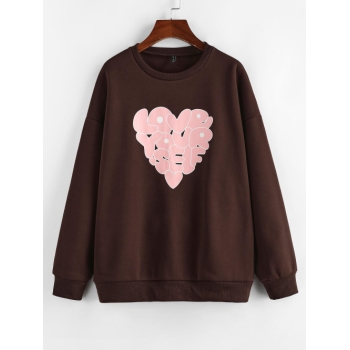 Women Hoodies ZAFUL Letter Print Heart Pattern Oversized  Graphic Sweatshirt L Deep coffee