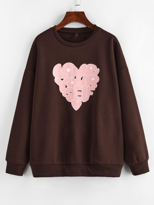 Women Hoodies ZAFUL Letter Print Heart Pattern Oversized  Graphic Sweatshirt L Deep coffee