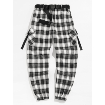 ZAFUL Plaid Buckle Belted Pocket Cargo Techwear Pants L Black