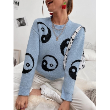 Women Yin And Yang Drop Shoulder Sweater M Blue