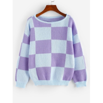 Women Checkered Drop Shoulder Jumper Sweater M Light blue