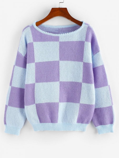 Women Checkered Drop Shoulder Jumper Sweater M Light blue